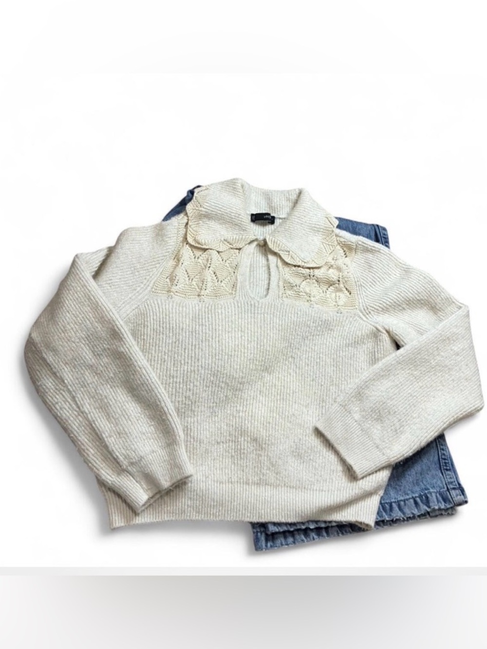 Mango Cream Knit Sweater with Lace Yoke and Collar